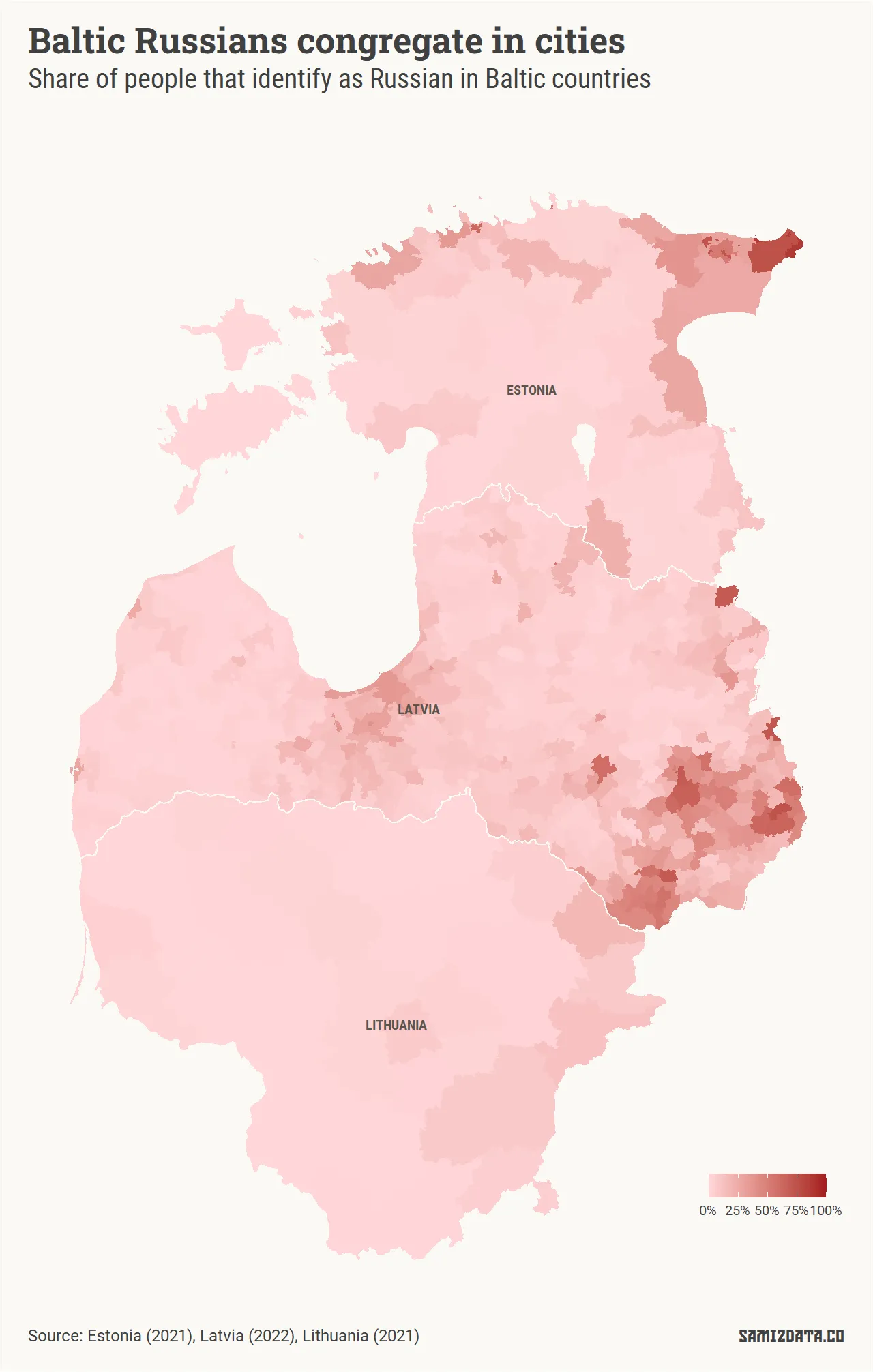Map of Estonia, Latvia and Lithuania, showing the share of Russians in each one of their regions according to the latest censuses.