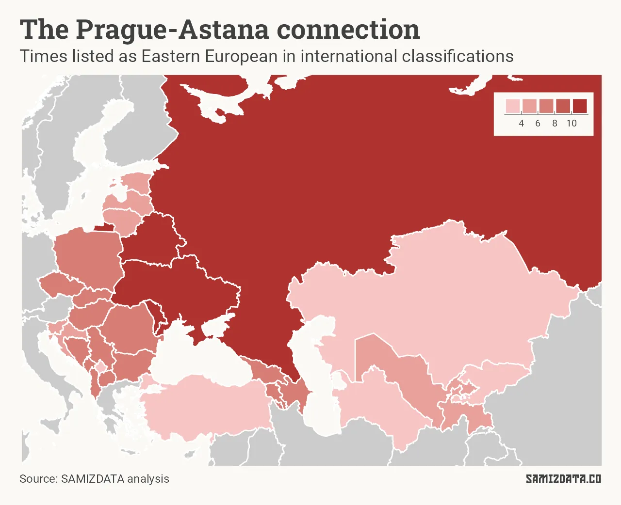 Map showing the 30 countries considered part of Eastern Europe in international classifications. These countries are Albania, Armenia, Azerbaijan, Belarus, Bosnia &amp; Herzegovina, Bulgaria, Croatia, Czechia, Estonia, Georgia, Hungary, Kazakhstan, Kosovo, Kyrgyzstan, Latvia, Lithuania, Moldova, Montenegro, North Macedonia, Poland, Romania, Russia, Serbia, Slovakia, Slovenia, Tajikistan, Turkey, Turkmenistan, Ukraine, Uzbekistan.