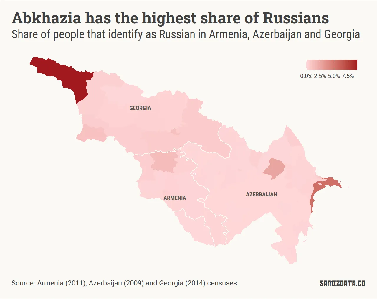Map of Armenia, Azerbaijan and Georgia, showing the share of Russians in each one of their regions according to the latest censuses.