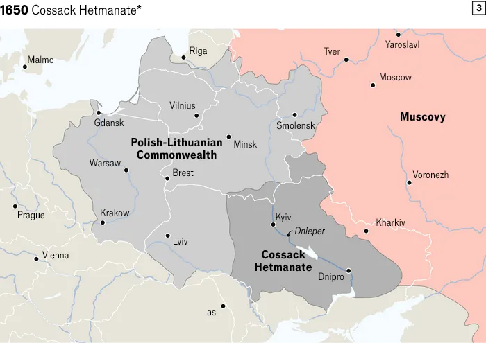 Screenshot of an Economist map showing the Cossack Hetmanate as of 1650.
