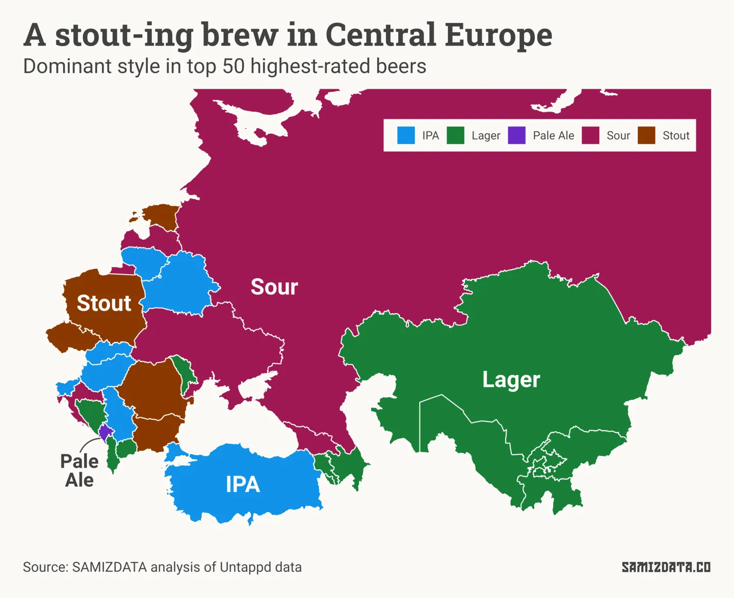 Map showing the popularity of different beer styles in Eastern Europe and Central Asia. Roughly, stouts are most popular in Central Europe, Romania and Bulgaria. Sours are highly-rated in Ukraine and Russia. Lagers are most popular in Central Asia.