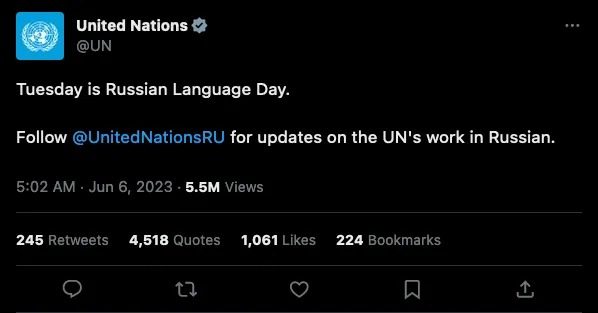 United Nations post marking Russian Language Day on 6 June 2023.