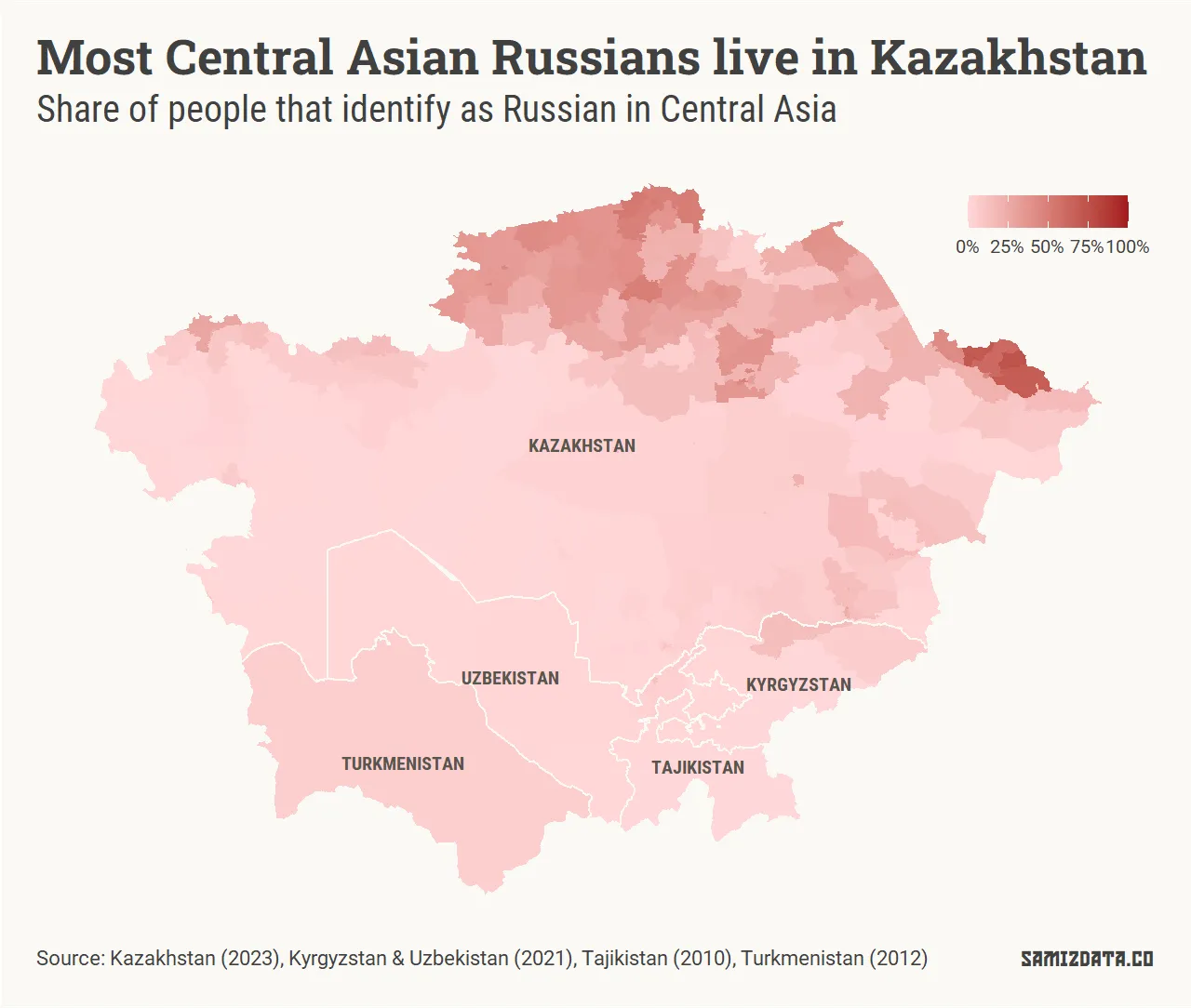 Map of Kazakhstan, Kyrgyzstan, Tajikistan, Turkmenistan and Uzbekistan, showing the share of Russians in each one of their regions according to the latest censuses.
